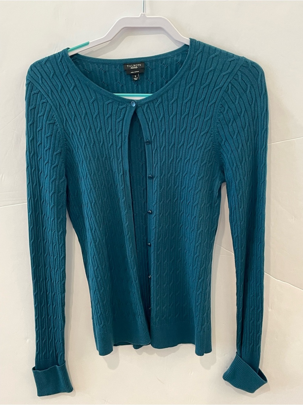 Talbots Pima Cotton Teal Cable Knit Cardigan Sweater Women’s Small